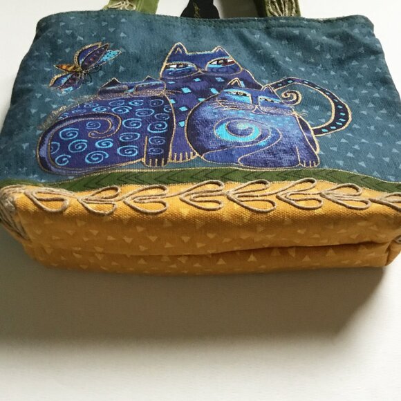 Laurel Burch Cat Blue Green & Yellow Small Mini Handbag Tote Bag & Charm - Picture 3 of 8